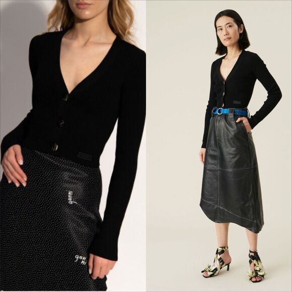 Ganni Melange Knit Cardigan Size XS Black Ribbed Minimalist Classic - Picture 2 of 8